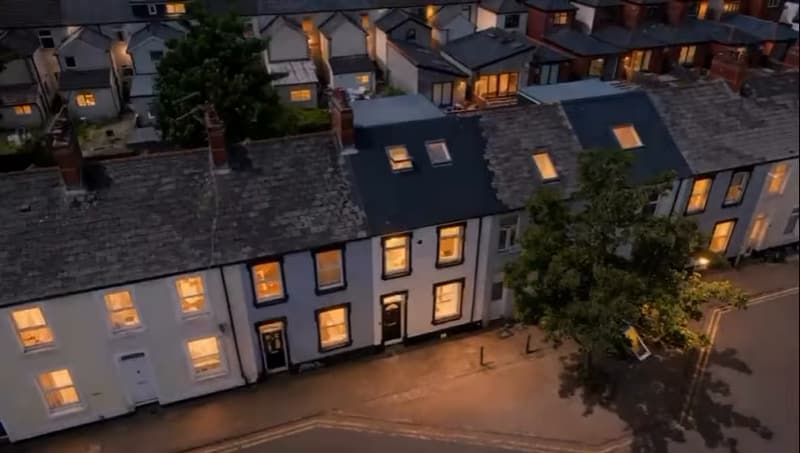 Drone view of Cardiff terraced houses at dusk