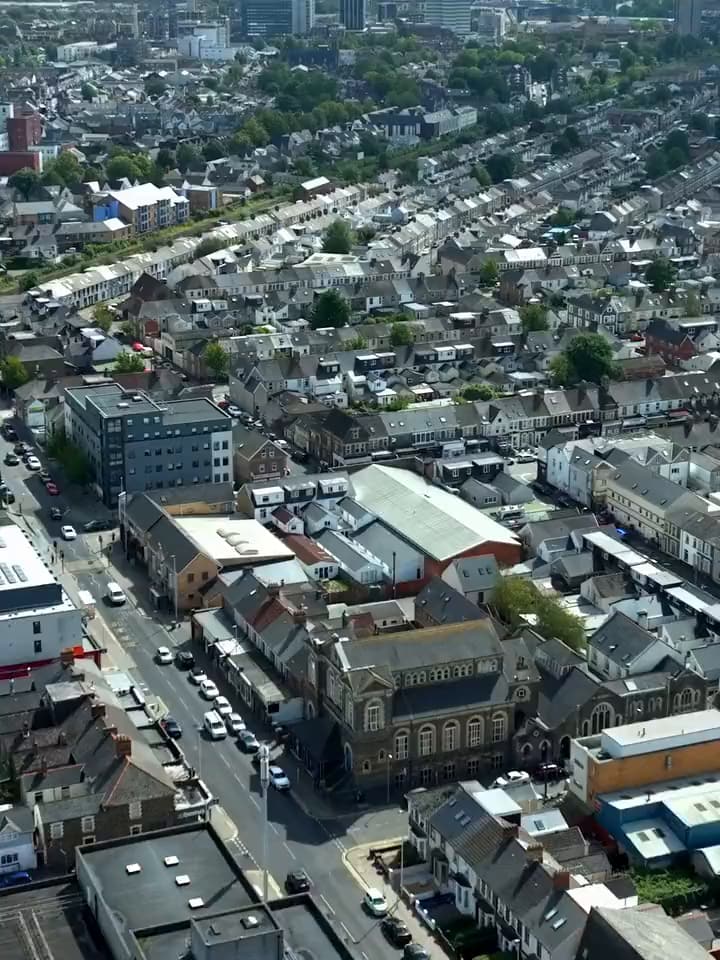 Aerial view over Cardiff around the four-flat development